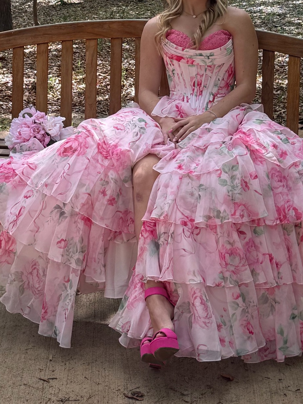 Sherri Hill Pink Floral Ruffle Corset Dress - Picture 2 of 4
